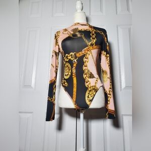 Luxe Links Printed Long sleeve Grapic Bodysuit Mock Neck By Black Bead